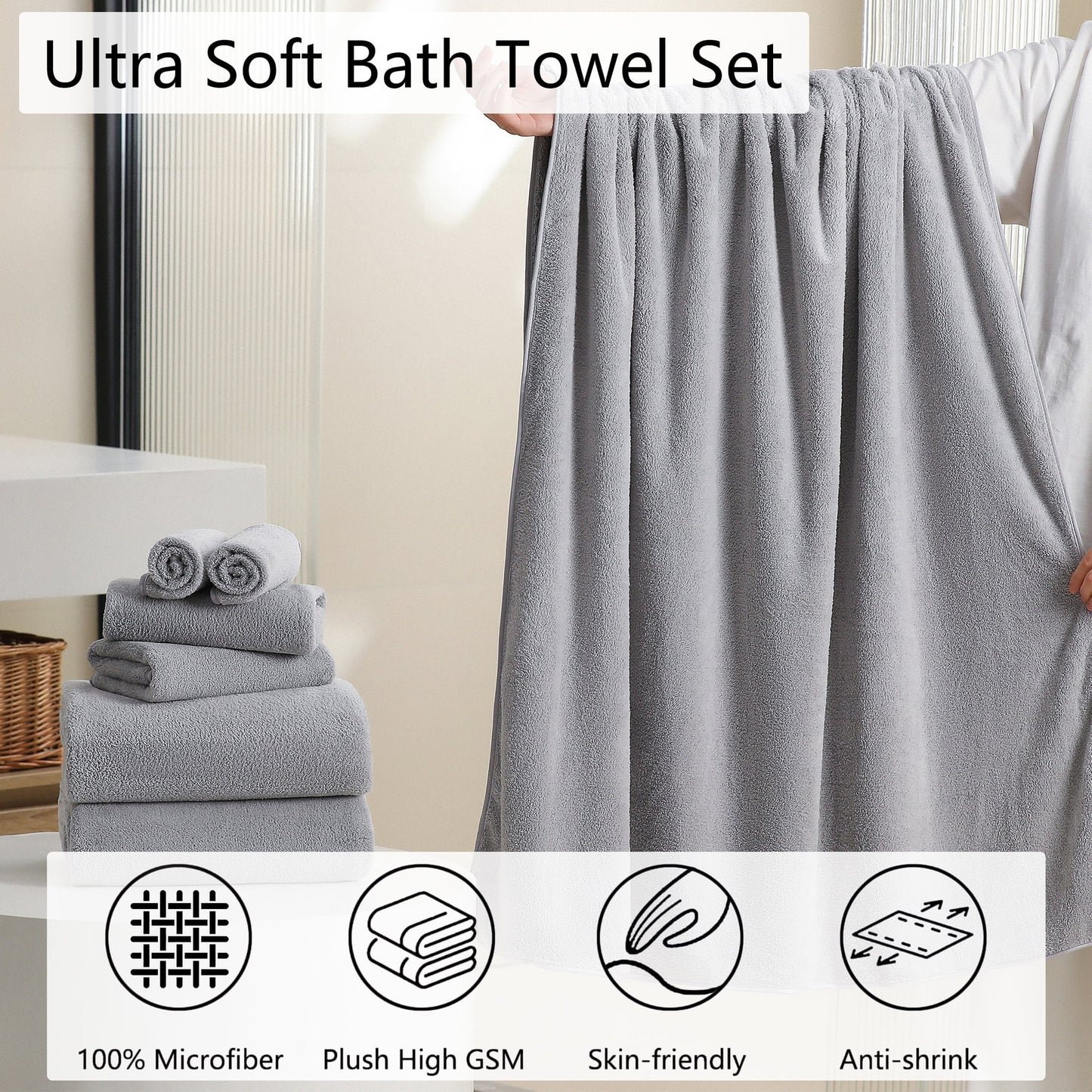 Jessy Home 4 Pack Oversized Bath Sheet Towels 700 GSM Ultra Soft Light Gray Bath Towel Set