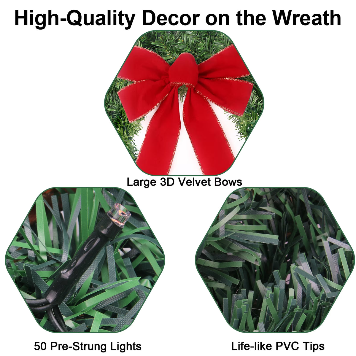 24Inch Christmas Wreath Prelit Warm White USB Lights with Hanger and Remote for Outdoor Indoor Decorations
