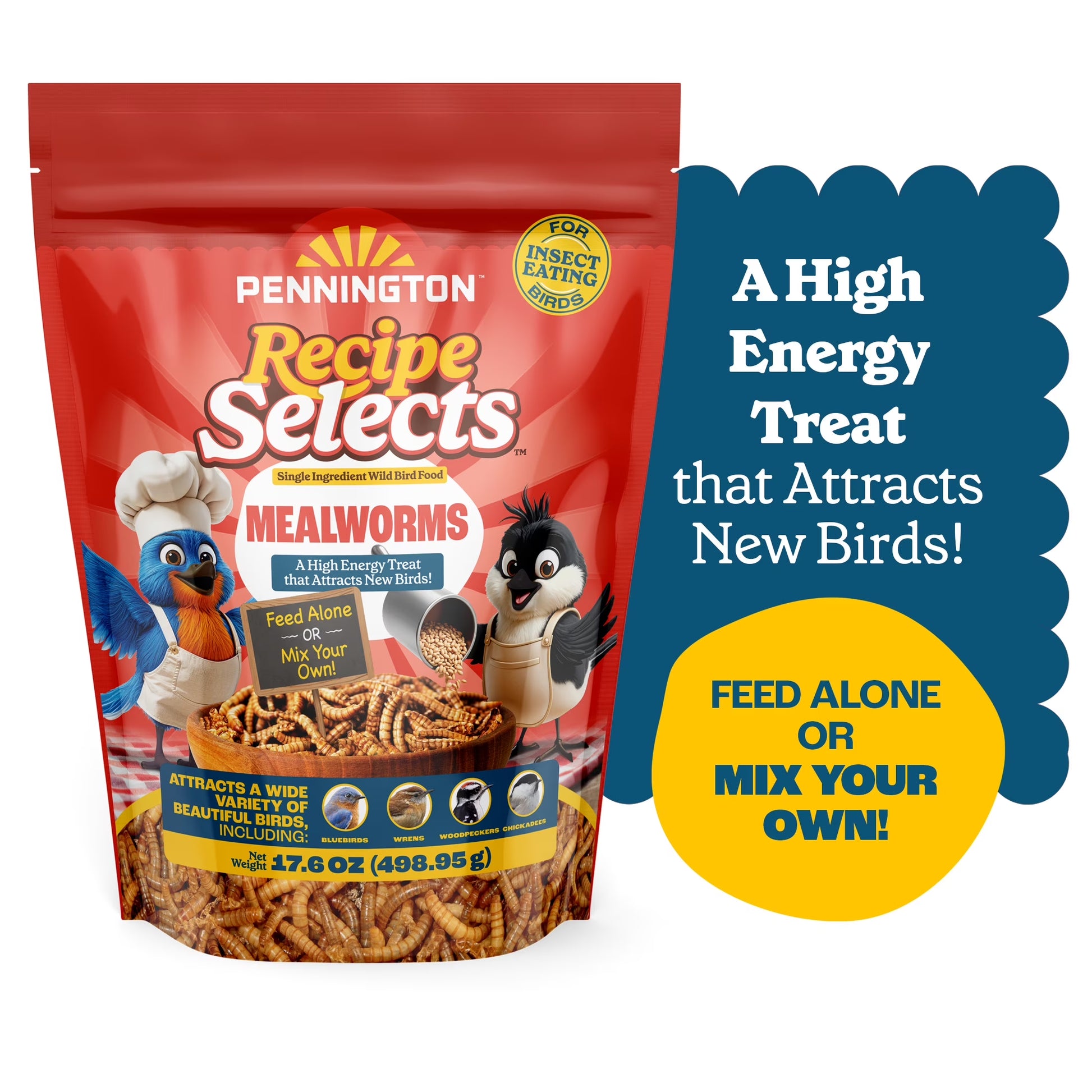 (4 Pack) Pennington Recipe Selects Dried Mealworms for Birds, Bluebird and Wild Bird Food for outside Feeder, 17.6 Oz Bag, 1 Pack