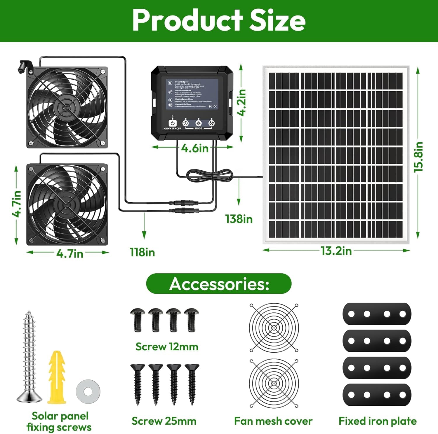 Solar Fan for Chicken Coop with 7500Mah Battery, 25W Solar Powered Fan | Ventilation Kit, Smart 3 Modes with Motion Sensor, IP65 Waterproof Solar Exhaust Fan for Greenhouse | Dog House | Workshop