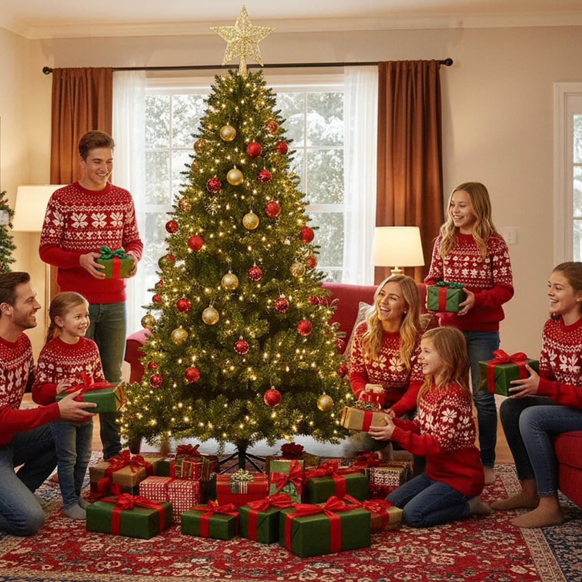 KTKDE 7.5Ft Artificial Christmas Tree Is a Green One with 1450 Tips and 200 Battery-Powered LED Columns. It Features 7.87-Inch Golden Five Pointed Star and Is Perfect for Family and Office Gatherings