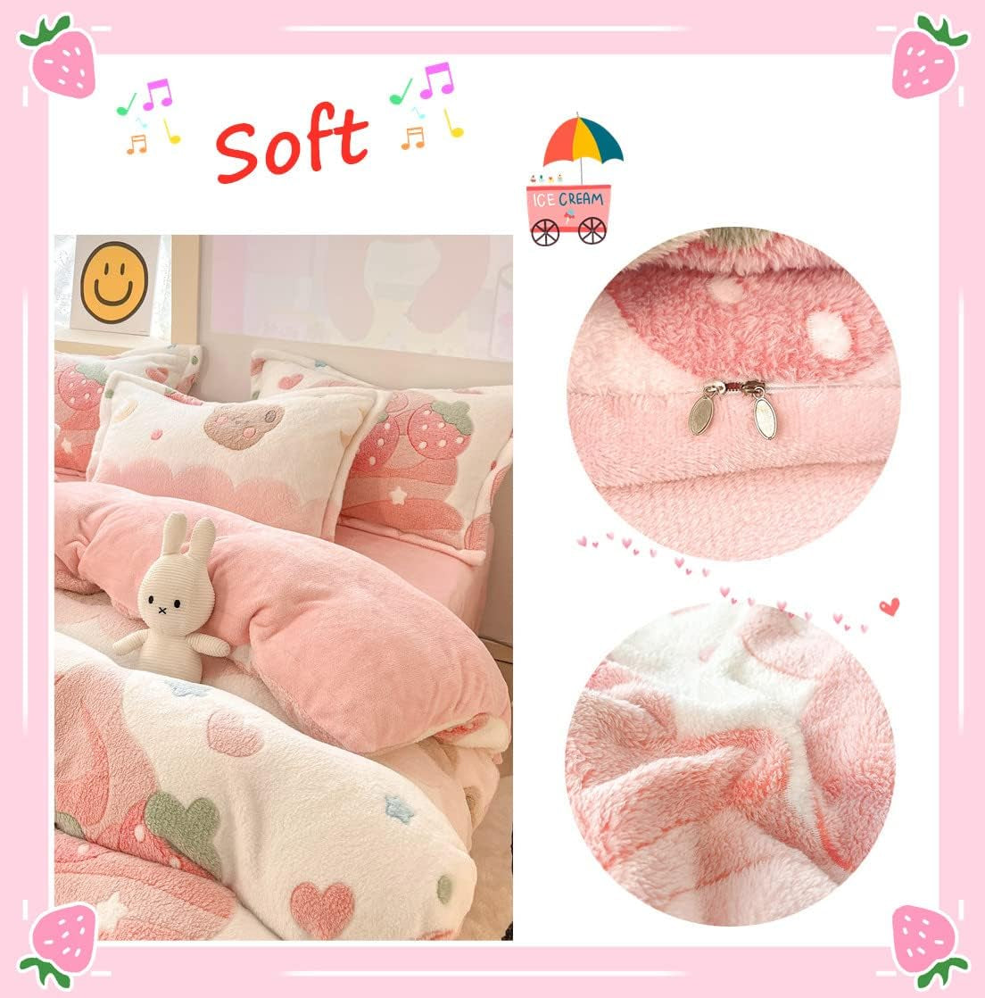 Pink Strawberry Duvet Cover Set Fluffy Kawaii Cartoon Comforter Cover Soft Kids Twin Size Bedding Set (Strawberry)