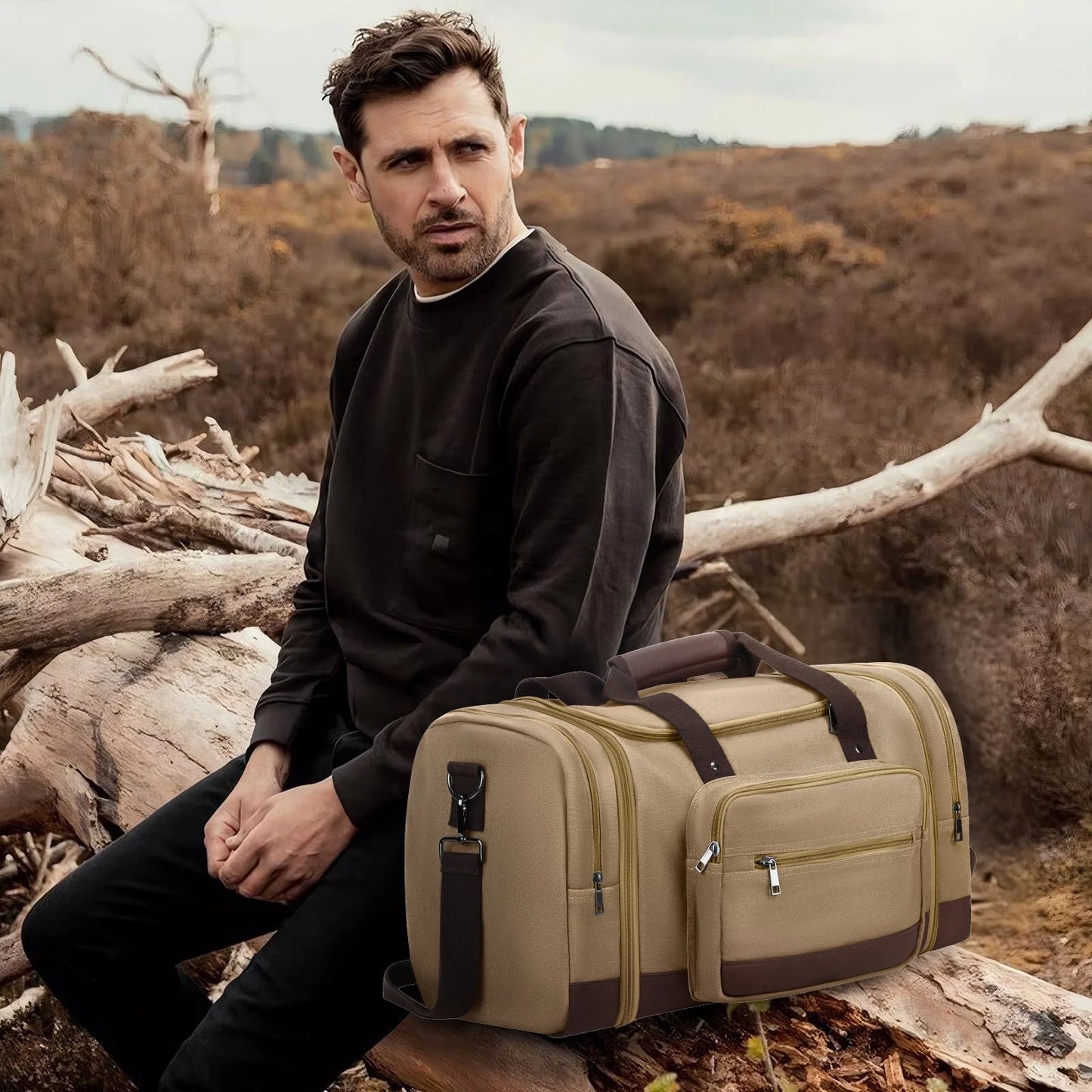 Gynky Duffle Bag for Travel Bag 46L Large Expendable Duffle Bags for Men Weekender Bag with Trolly Sleeve for Business Trip Travel Camp Gym, Khaki