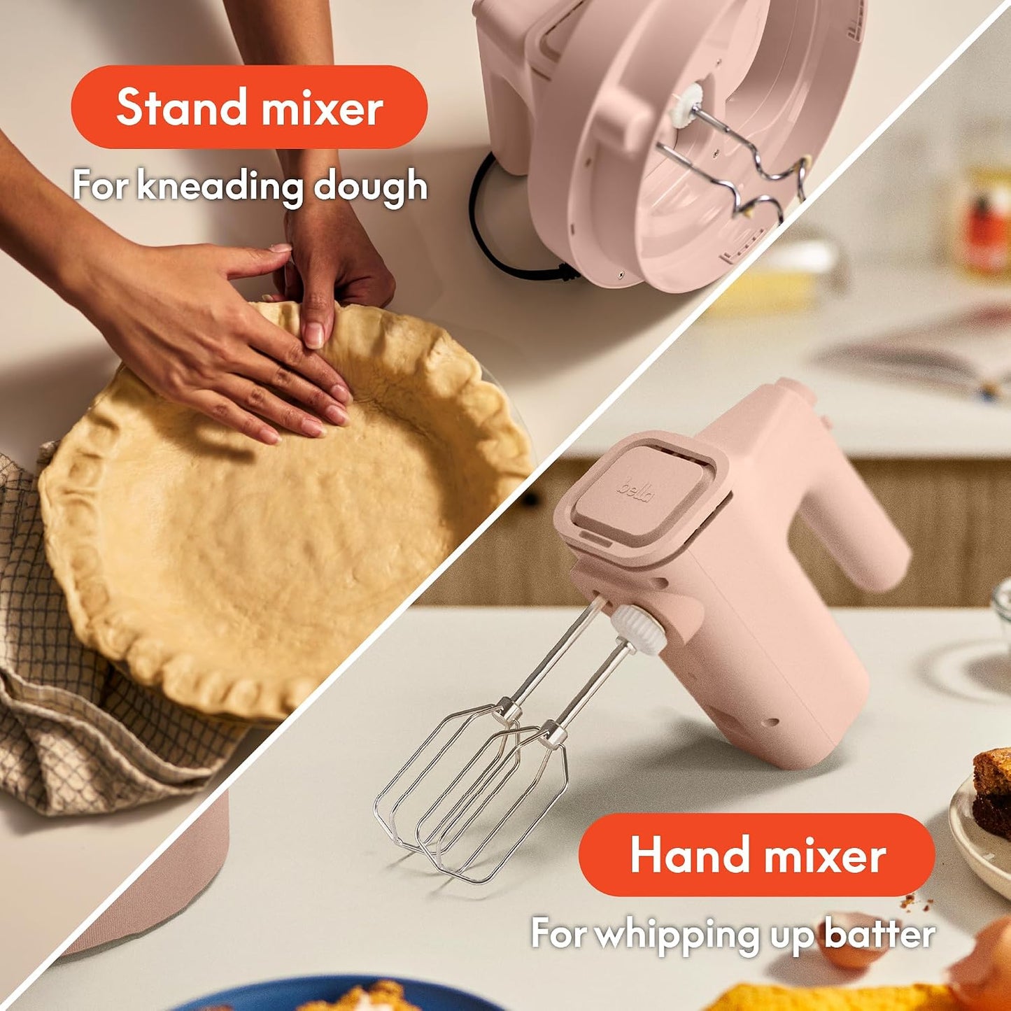 Bella 3.5 Qt Hand & Stand Mixer, 2 in 1 Electric Mixer with Bowl, Dough Hook, Whisk & Egg Beater, Multifunctional Handheld Mixer for Baking, 200 Watt, Blossom
