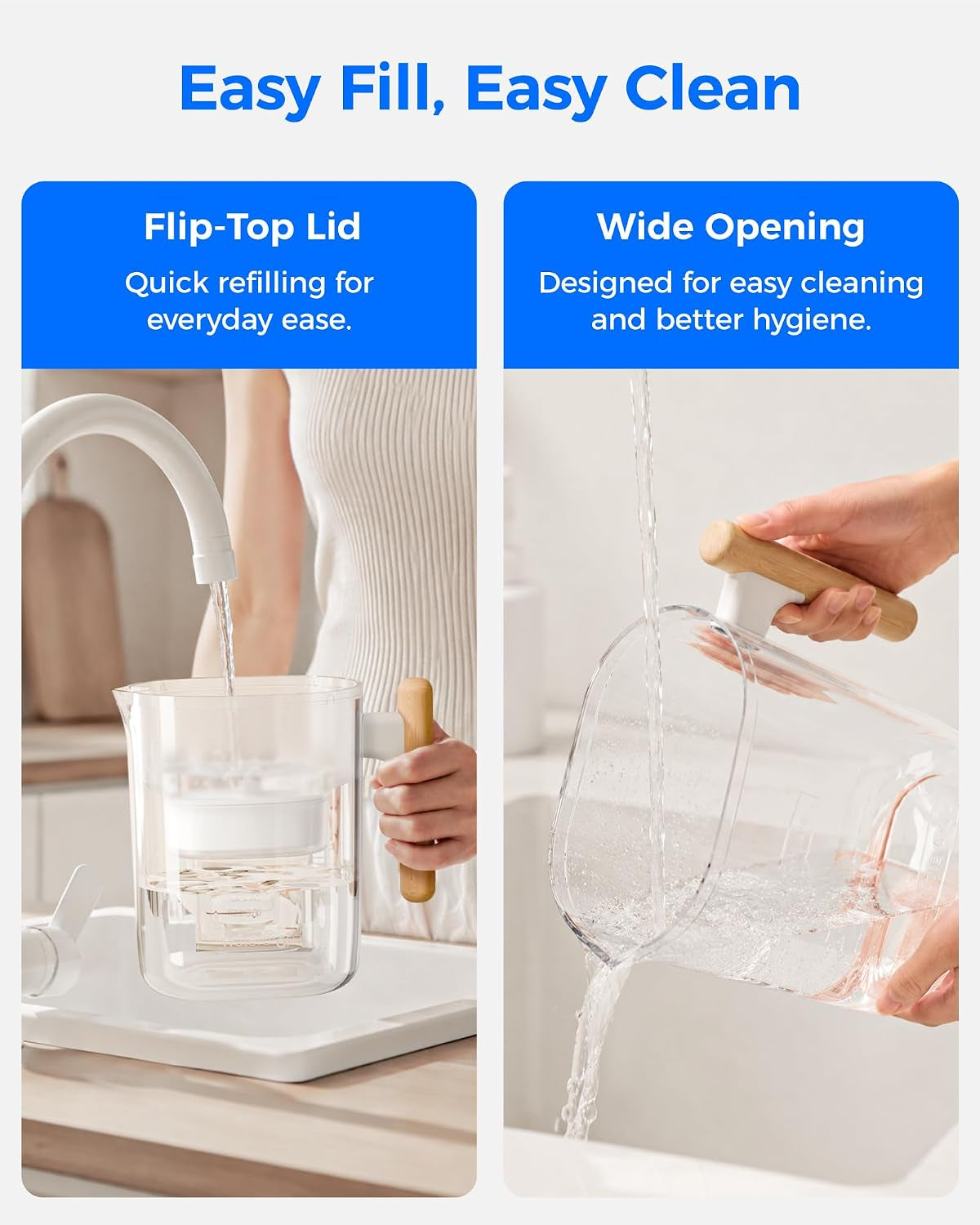 Waterdrop PT-04C Water Filter Pitcher, 10-Cup, NSF Certified, Clear | 200-Gallon Long-Life Filter, 5X Longer Filter Life, Reduces PFOA/PFOS and Chlorine, Bpa-Free, Sturdy Wooden Handle