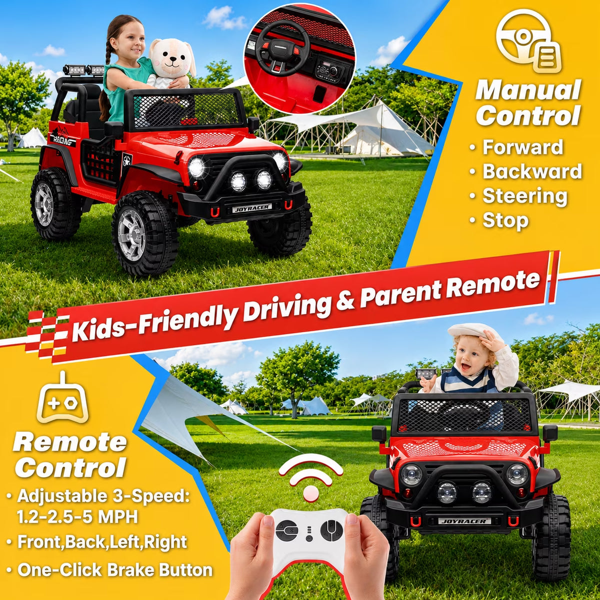 Joyracer 24V 2 Seater Kids Ride on Truck with Remote Control, 4×200W Motor, Electric Battery Powered Toys Car W/ 4 Wheels Spring Suspension, 3 Speeds, LED Lights, Bluetooth Music, Red