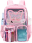 SANMADROLA Clear Backpack Heavy Duty Transparent Bookbag Teen Girlish Cute Bag Large Capacity See through Backpacks Stadium Approved Daypack for Middle School College Sport/Travel, Pink Butterfly