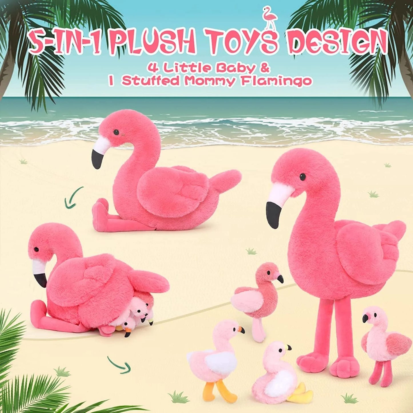 Morismos 18'' Plush Flamingo Stuffed Animal Mommy Stuffed Flamingo with 4 Babies