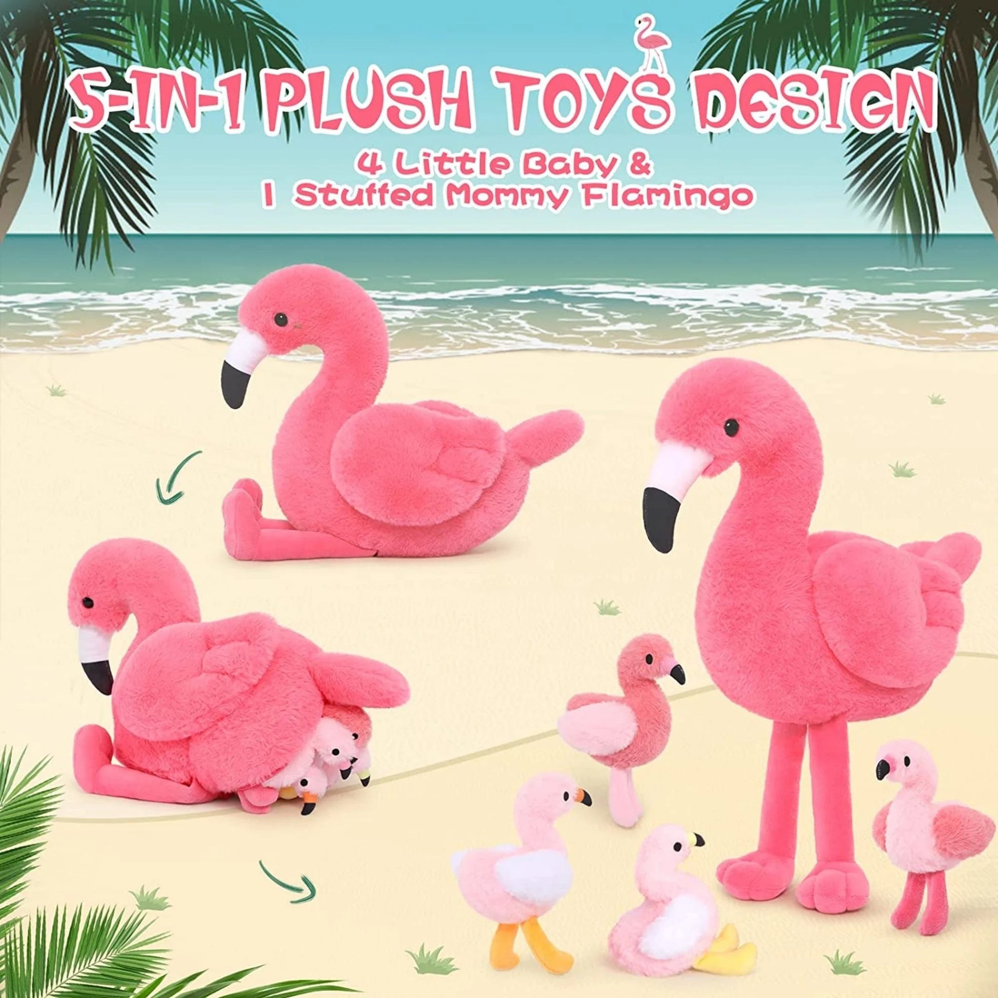 Morismos 18'' Plush Flamingo Stuffed Animal Mommy Stuffed Flamingo with 4 Babies