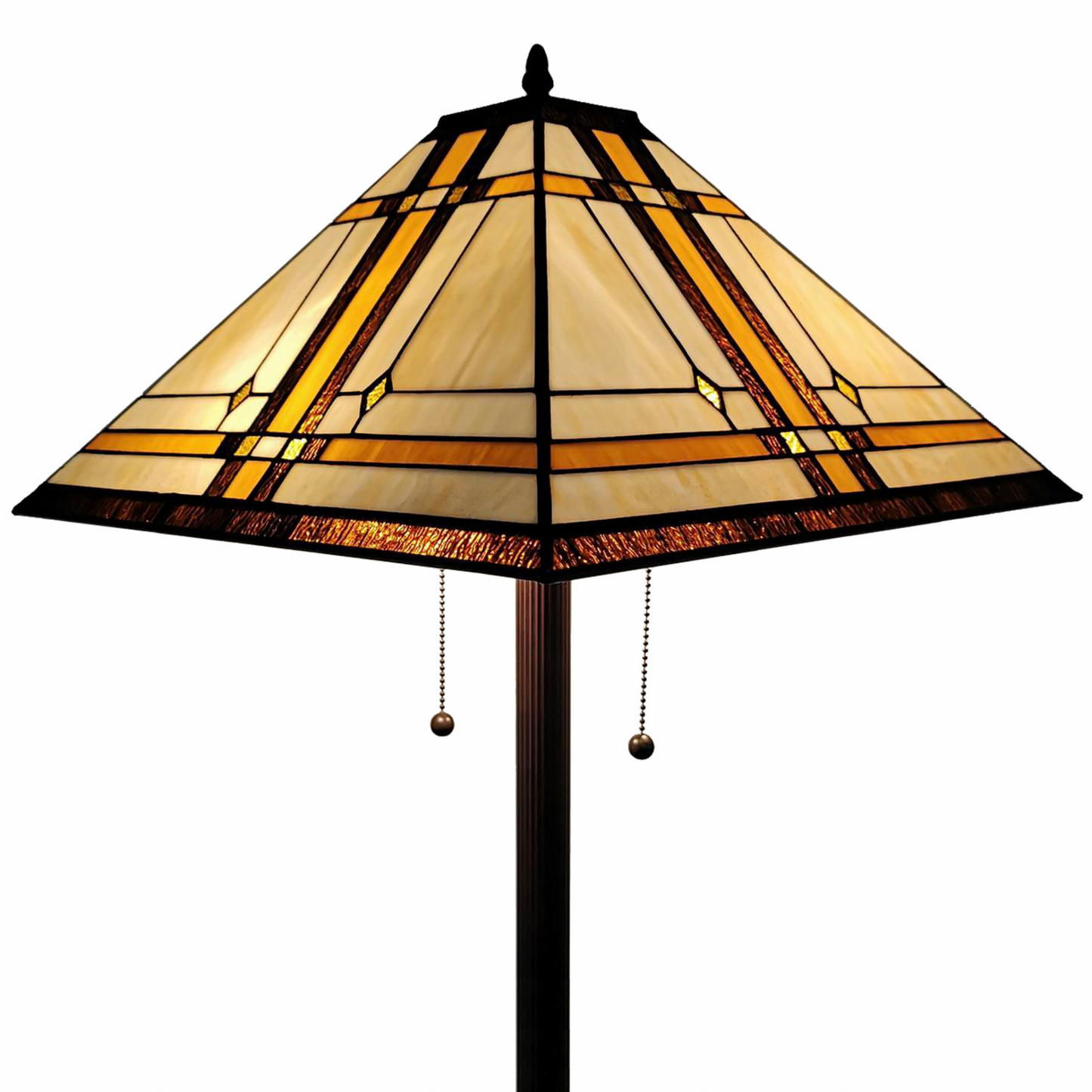 "62"" Brown Two Lights Traditional Shaped Floor Lamp With Brown And White Stained Glass Cone Shade"