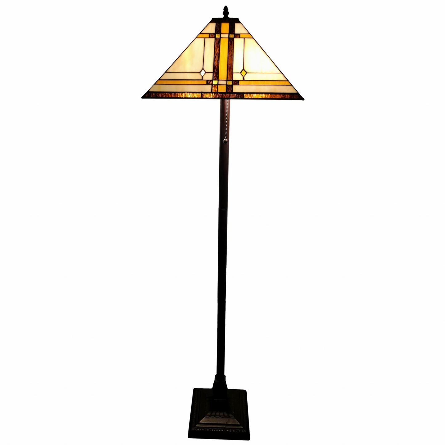 "62"" Brown Two Lights Traditional Shaped Floor Lamp With Brown And White Stained Glass Cone Shade"