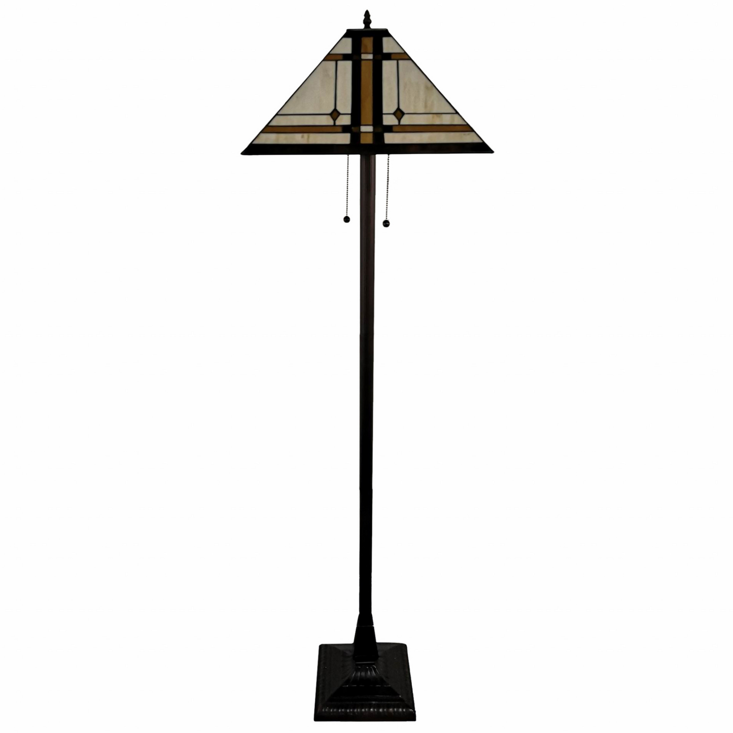 "62"" Brown Two Lights Traditional Shaped Floor Lamp With Brown And White Stained Glass Cone Shade"