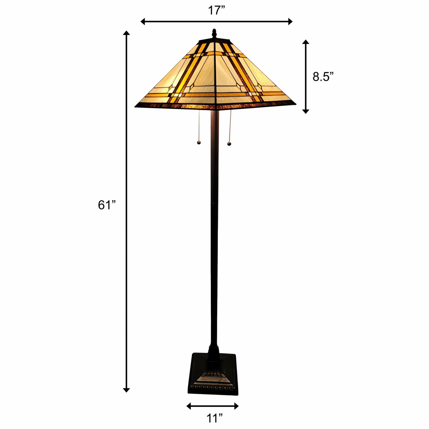 "62"" Brown Two Lights Traditional Shaped Floor Lamp With Brown And White Stained Glass Cone Shade"