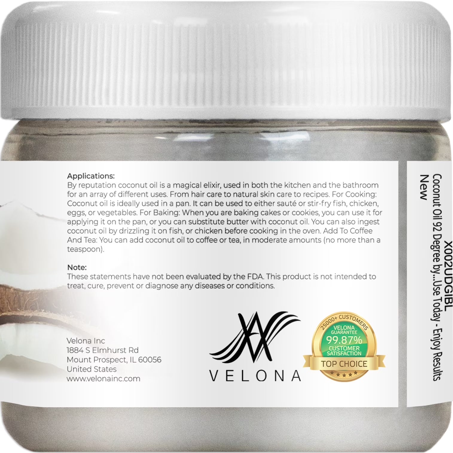 Velona Coconut Oil 92 Degree - 2 Oz | 100% Pure and Natural Carrier Oil | in Jar | Refined, Cold Pressed | Skin, Face, Body, Hair Care