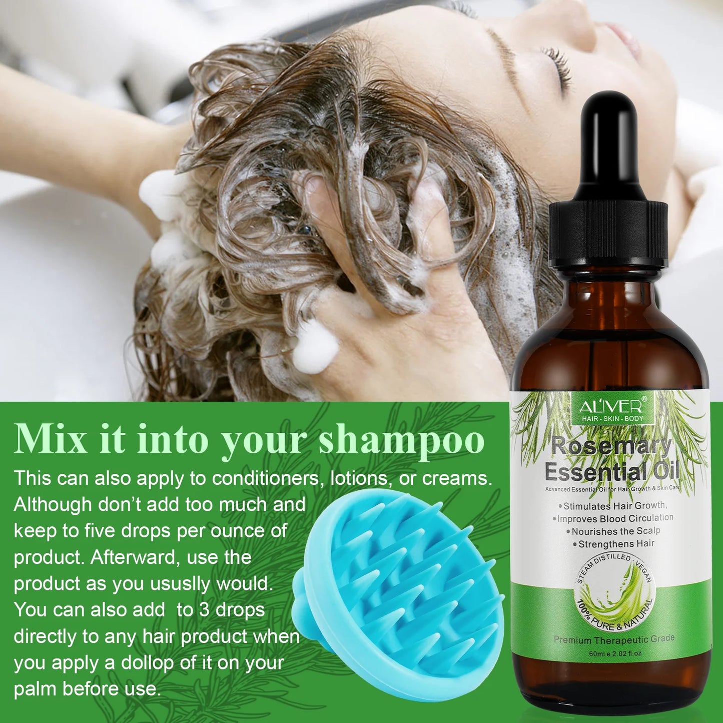 Aliver Rosemary Essential Oil for Hair and Skin Care, Massage Oil with a Silicone Massage Comb, Improve Scalp Blood Circulation,Promote Nutrient Absorption