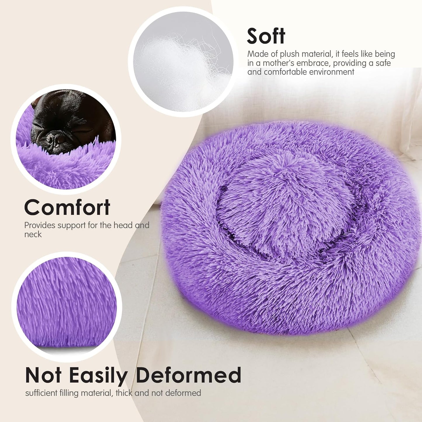 28In Large Dog Bed, Medium Size Dog and Cats, Calming Donut Bed for Puppy and Kitten, Washable round Fluffy Pet Bed (Purple)