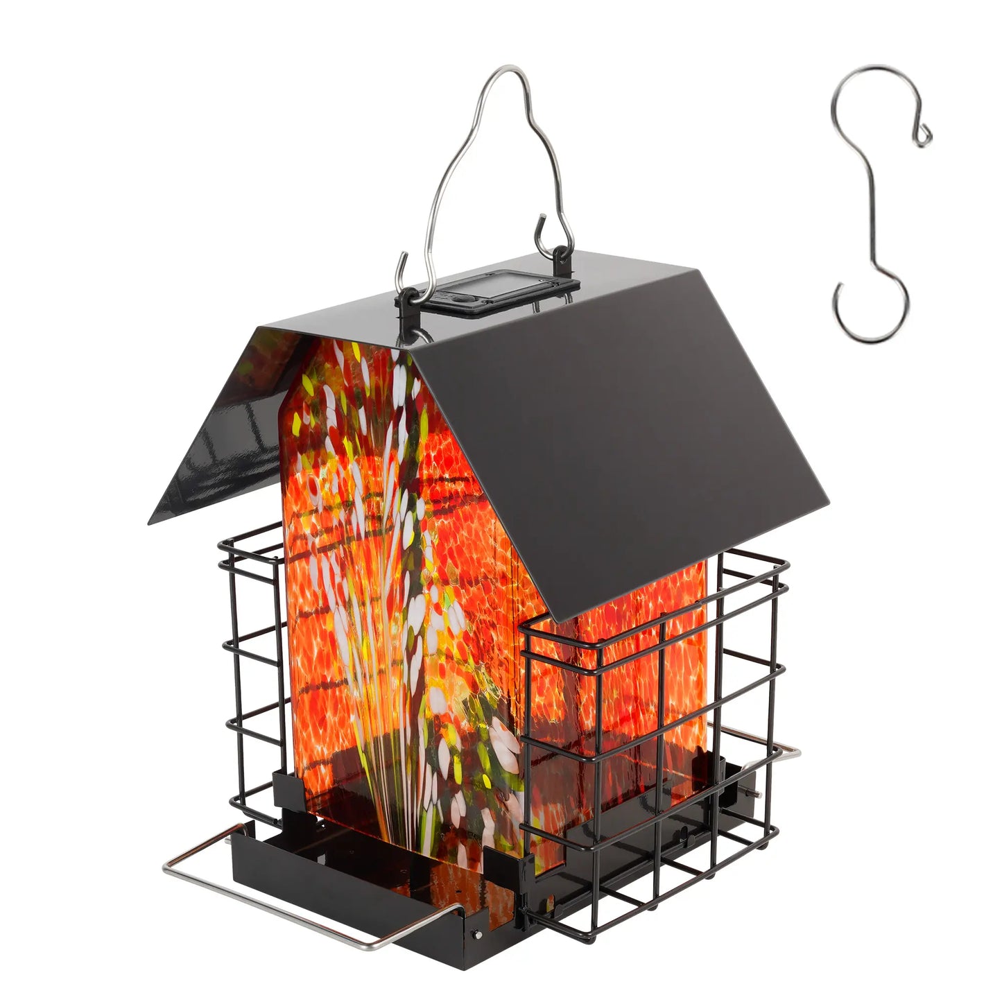LUJII Solar Bird Feeder for Outdoors – Hand-Blown Glass with 2 Suet Cake Cages, Metal Roof, All-Weather Feeder for Woodpeckers, Cardinals, Blue Jays & Songbirds, Red, Unique Christmas & Holiday Gift for Bird Lovers