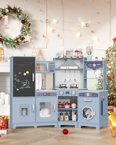 Arlopu Kids Corner Play Kitchen, Ultimate Interactive Wooden Kitchen Playset with Lights & Sounds, Cooking Toy Set with Stove, Range Hood, Sink, Faucet, Ice Maker & Washing Machine