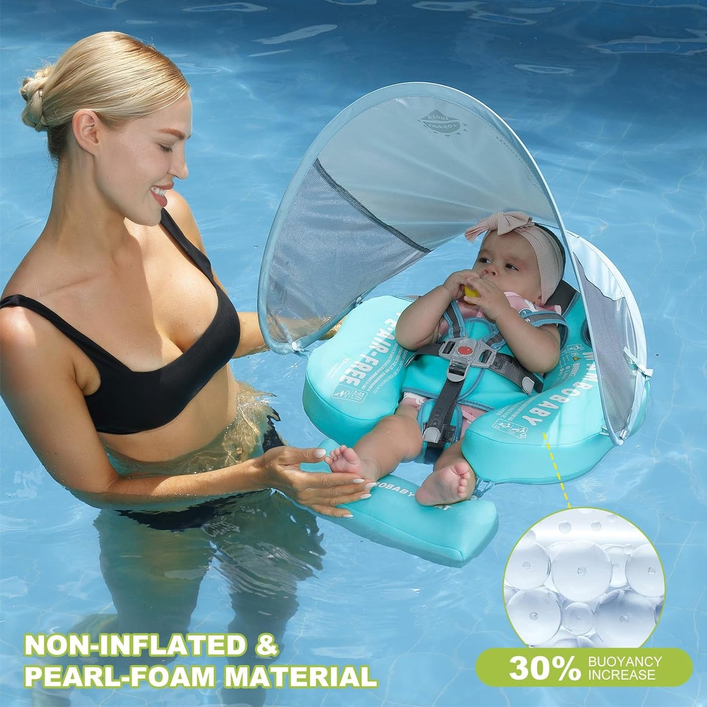 Baby Floats for Pool with Canopy Removable UPF 50+ UV Sun Protection Canopy Mambobaby Float Non Inflatable Upgrade Add Tail Avoid Flip Waterproof Skin-Friendly Infant Swim Float 3-24 Months