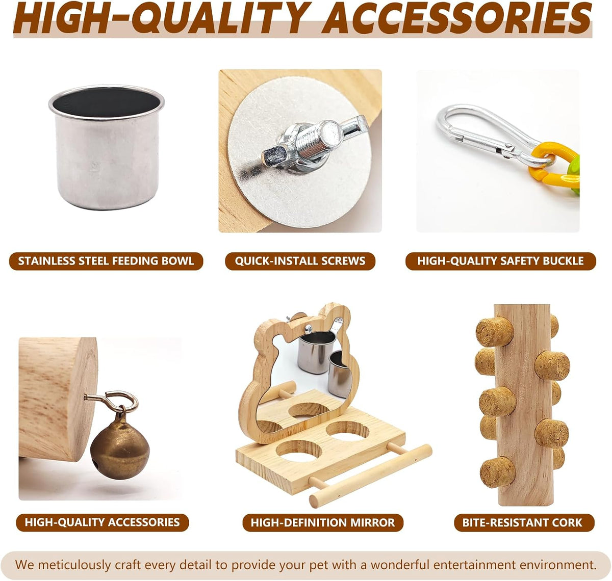 5PCS Bird Perch and Toy Set. Includes a Perch, Feeder, Swing, and Chew Toy. Hangable Natural Solid Wood Birdcage Accessories, Suitable for Small Budgies, Cockatiels, Conures, Lovebirds, Etc.