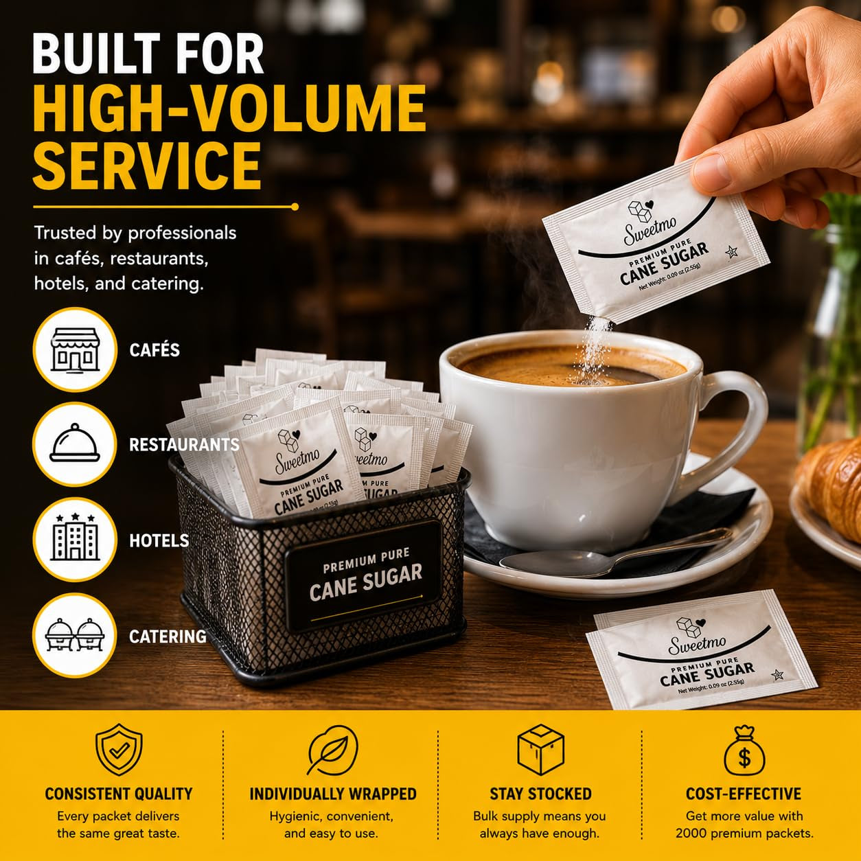 Sweetmo Sugar Packets 2000 Count – Pure Cane White Granulated Sugar Packets, Individual Wrapped, Bulk Packets for Coffee, Restaurants, Office, Cafés & Food Service