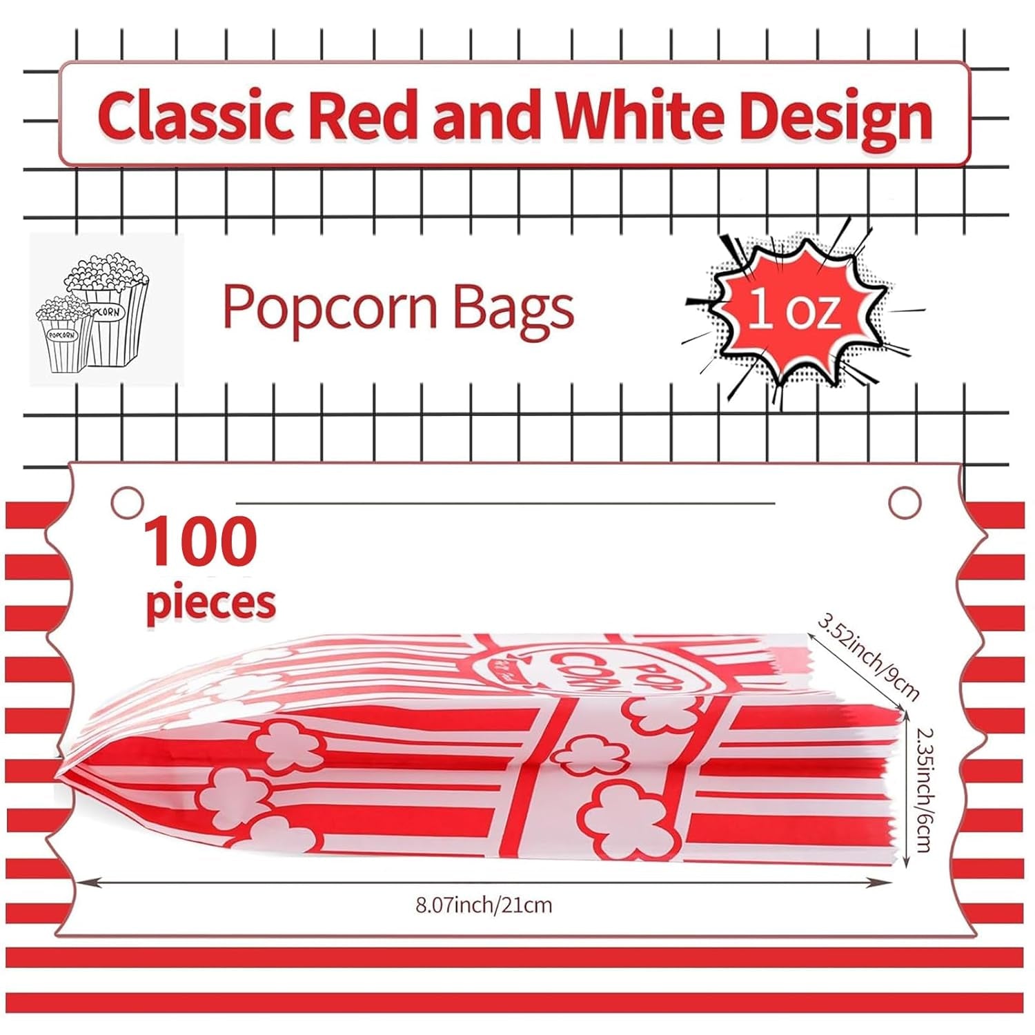 VOISEN Paper Popcorn Bags,100 Pack 1Oz Popcorn Bags Individual Servings, Popcorn Bag Bulk for Popcorn Machine,Movie Nights Pop Corn Bags