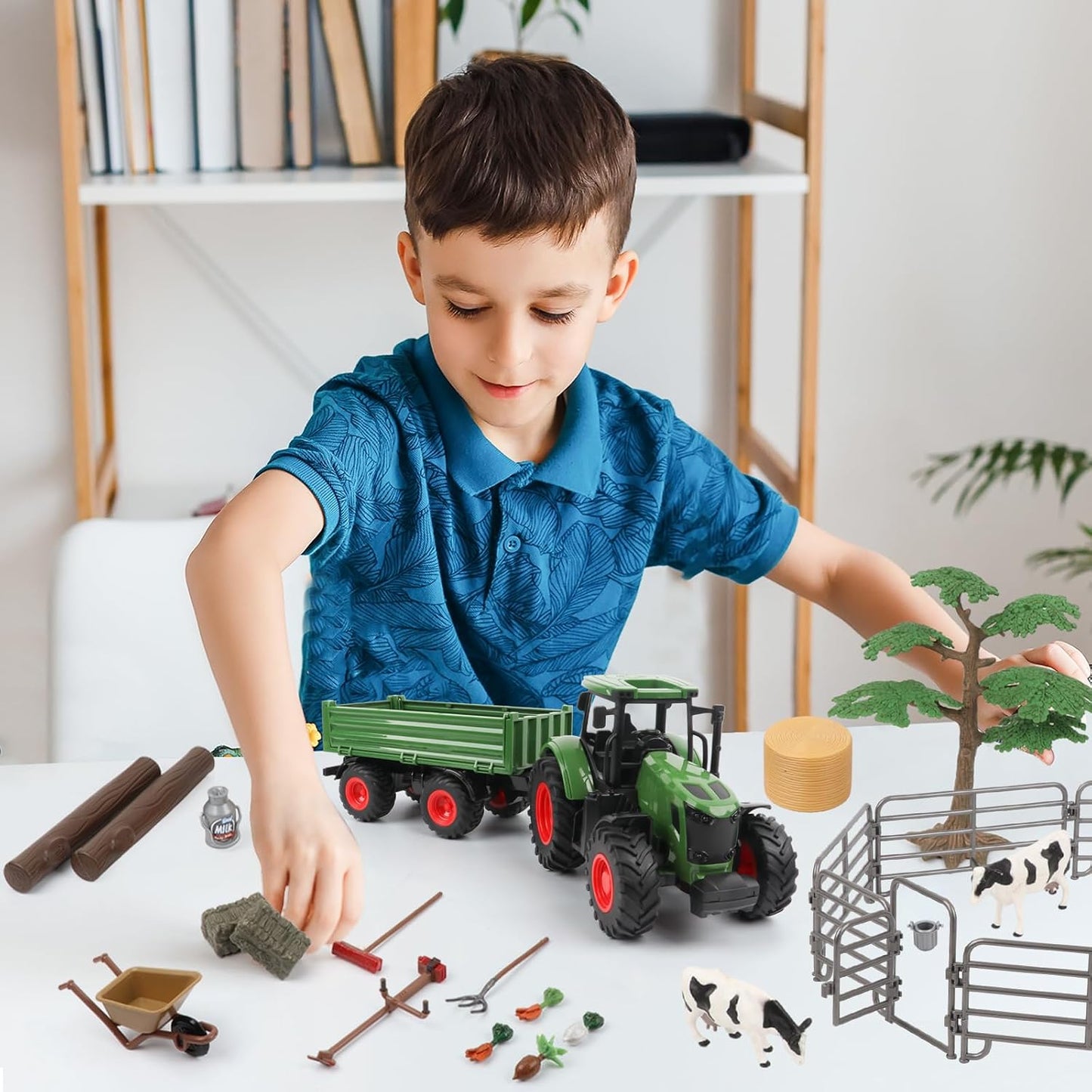 Peagprav Farm Animal Tractor Toys Playset-16.5 Inches Tractor with Trailer Fence,Farmer,Tree,Cow,Farm Toy Set for Boys Girls Kids Toddlers Age 3-7 Years Old