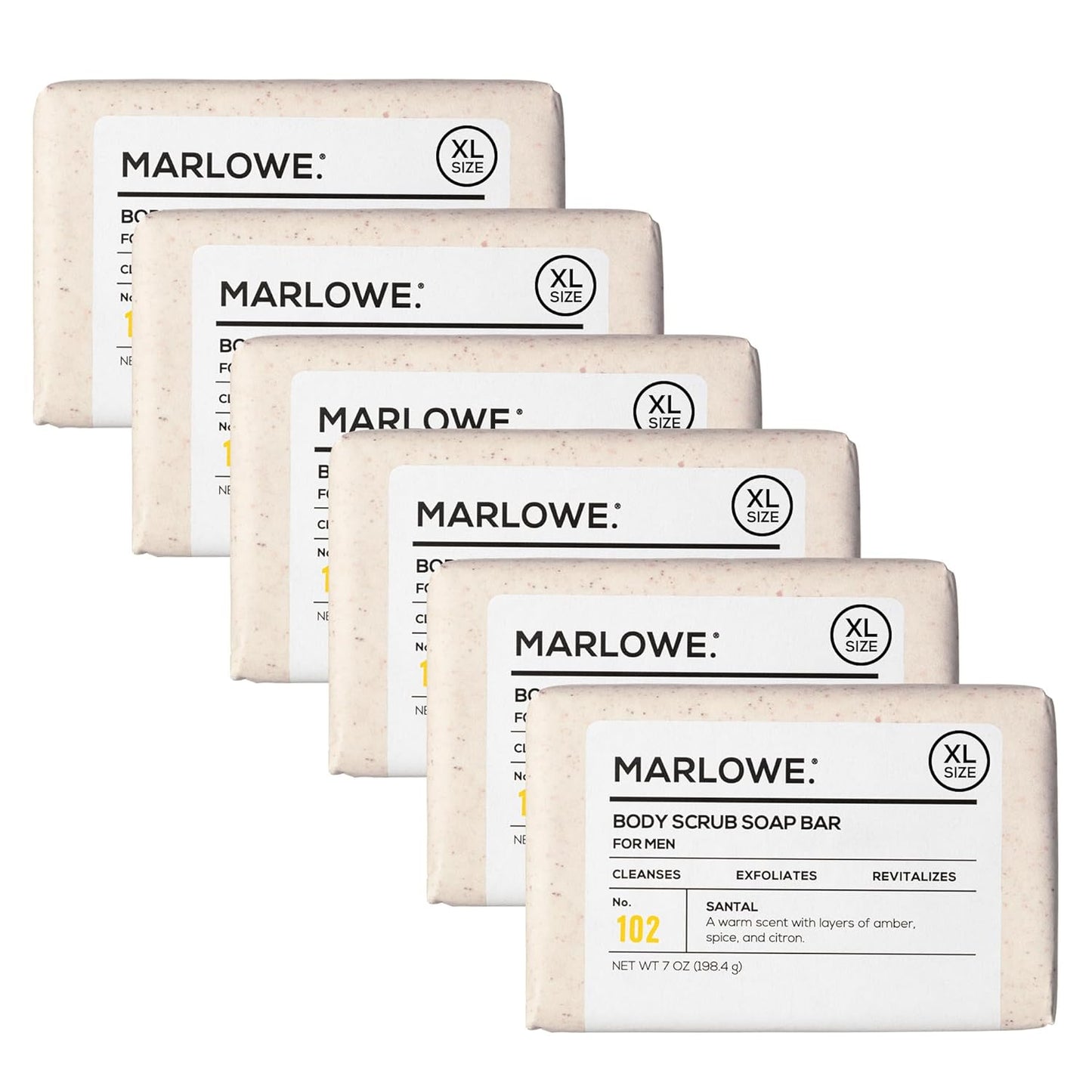 MARLOWE. No. 102 Body Scrub Soap 7 Oz (6 Bars), Santal, Exfoliating Soap Bar with Shea Butter, Olive Oil & Green Tea Extracts, Cleanses, Smooths & Revitalizes Skin, Warm Amber, Spice & Citron Scent