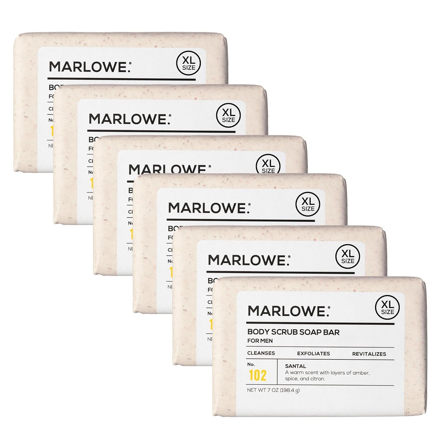 MARLOWE. No. 102 Body Scrub Soap 7 Oz (6 Bars), Santal, Exfoliating Soap Bar with Shea Butter, Olive Oil & Green Tea Extracts, Cleanses, Smooths & Revitalizes Skin, Warm Amber, Spice & Citron Scent