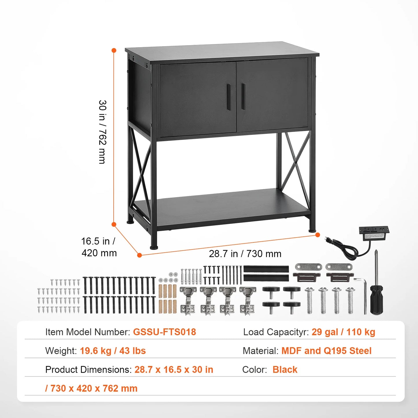 Aquarium Stand, 29 Gallon Fish Tank Stand, 28.7 X 16.5 X 30 in Steel and MDF Turtle Tank Stand, 242.5 Lbs Load Capacity, Reptile Tank Stand with Storage Cabinet and Embedded Power Panel, Black
