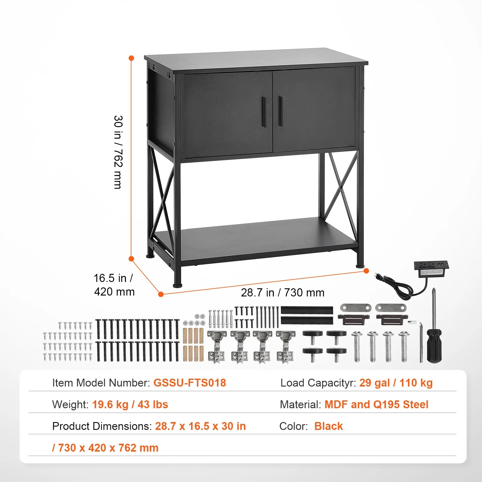 Aquarium Stand, 29 Gallon Fish Tank Stand, 28.7 X 16.5 X 30 in Steel and MDF Turtle Tank Stand, 242.5 Lbs Load Capacity, Reptile Tank Stand with Storage Cabinet and Embedded Power Panel, Black