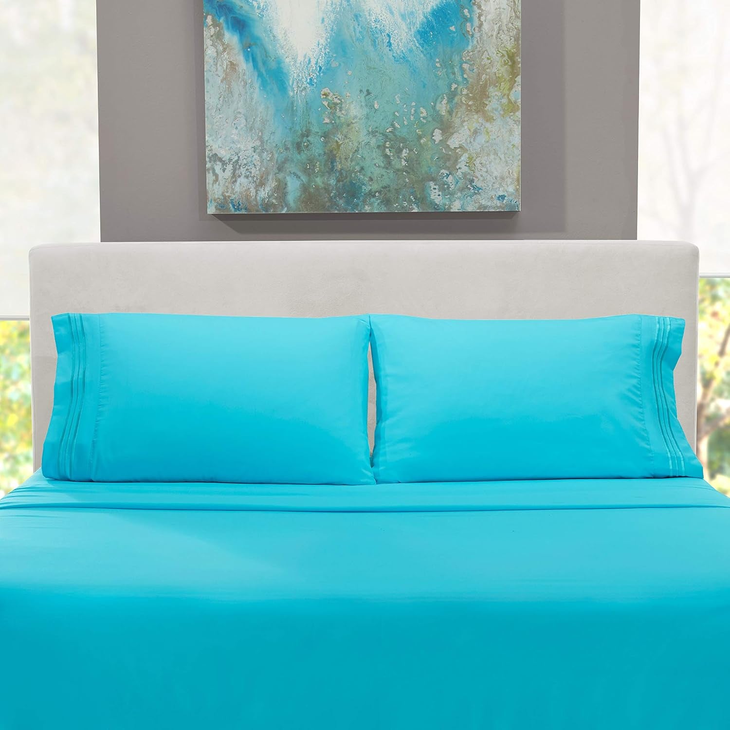 Hearth & Harbor Split King Size Sheets - 5 Piece Bed Sheet Set, Hotel Luxury Double Brushed Bed Sheets - Extra Soft Bedding Sheets & Pillowcases, Split King, Beach Blue