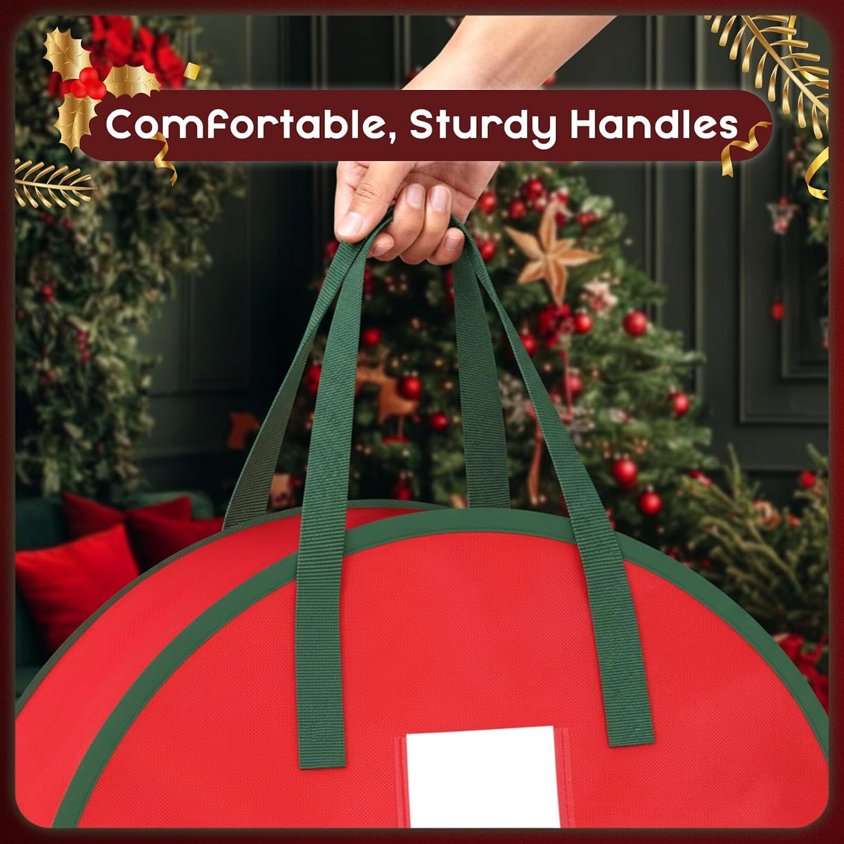 Wreath Storage Container, 2 Pack Christmas Wreath Storage Bag with Sturdy Handle, Two-Way Zipper,Durable Wreath Storage Organizer Box for Holiday Decoration (Red, 24"X8")