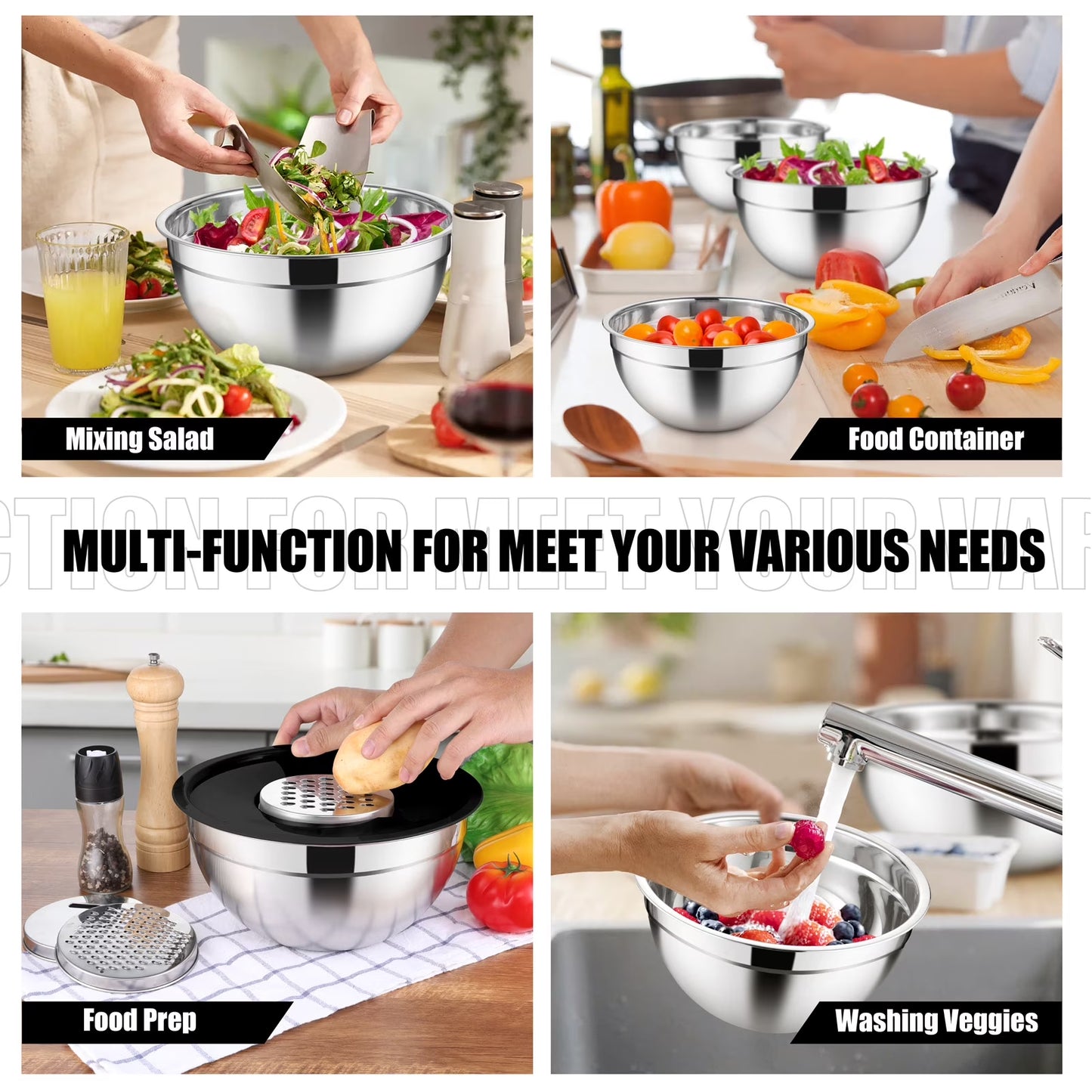 Vesteel 35PCS Mixing Bowls with Lids Set, Stainless Steel Nesting Salad Prep Bowls Attach with 3 Graters & Kitchen Utensils for Mixing Serving Grating, Size 4.5/3.5/3/2.5/1.5/1.2/0.7 QT, Black