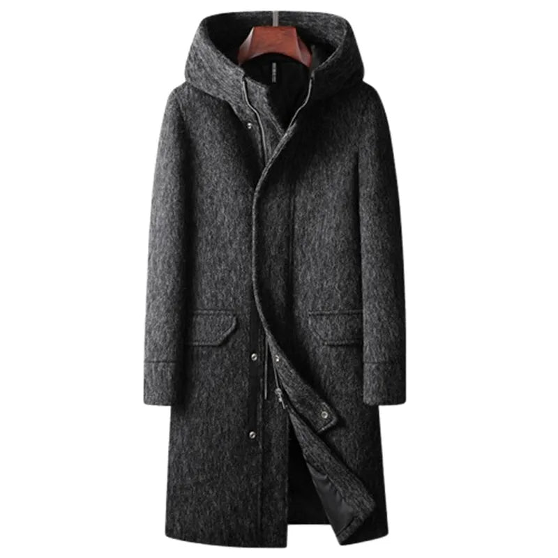 High Quality Woolen Coats Men Autumn Winter Long Hooded Wool Trench Coats Male Thick Warm Solid Business Casual Outwear Coat Man