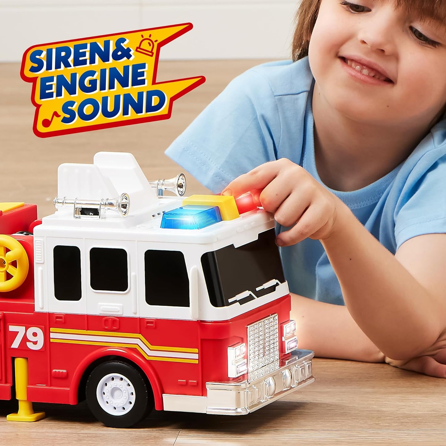 JOYIN Extra Large 33-Inch Ladder Fire Truck Toy and 25 in 1 Construction Truck Vehicle Toy Set, Play Vehicles Set with Sounds and Lights in Carrier Truck, Push and Go Vehicle Car Toy
