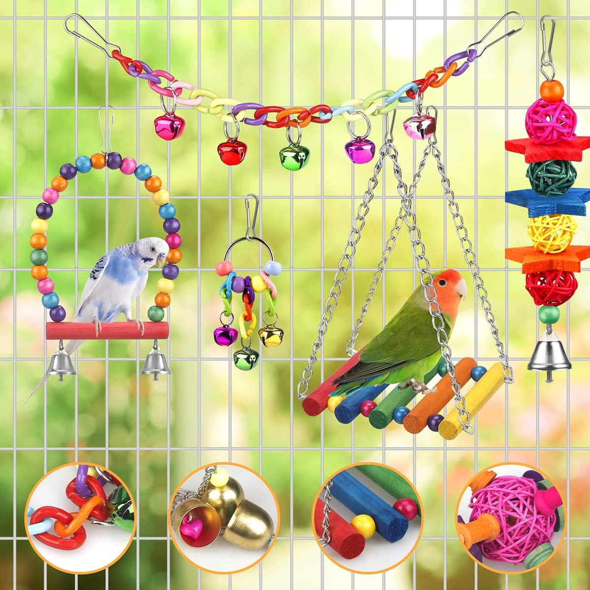 Bird Toys for Conures with Colorful Ladder Hammock Bird Cage Accerious Bird Perch Stand Chewing Toys Hanging Bell for Parrot Parakeet Cockatiel Lovebirds