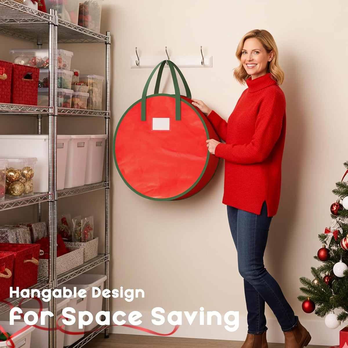 Wreath Storage Container, 2 Pack Christmas Wreath Storage Bag with Sturdy Handle, Two-Way Zipper,Durable Wreath Storage Organizer Box for Holiday Decoration (Red, 24"X8")