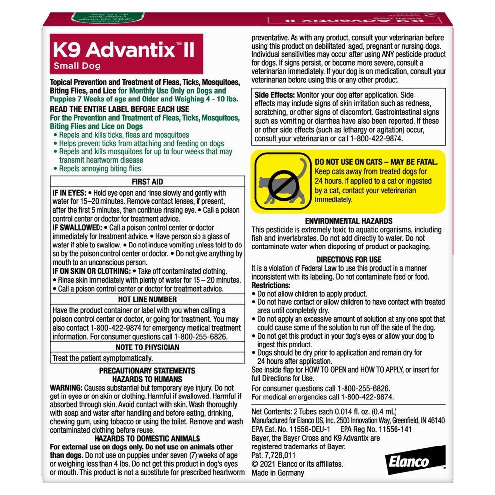 K9 Advantix II Monthly Flea & Tick Prevention for Small Dogs 4-10 Lbs, 2-Monthly Treatments