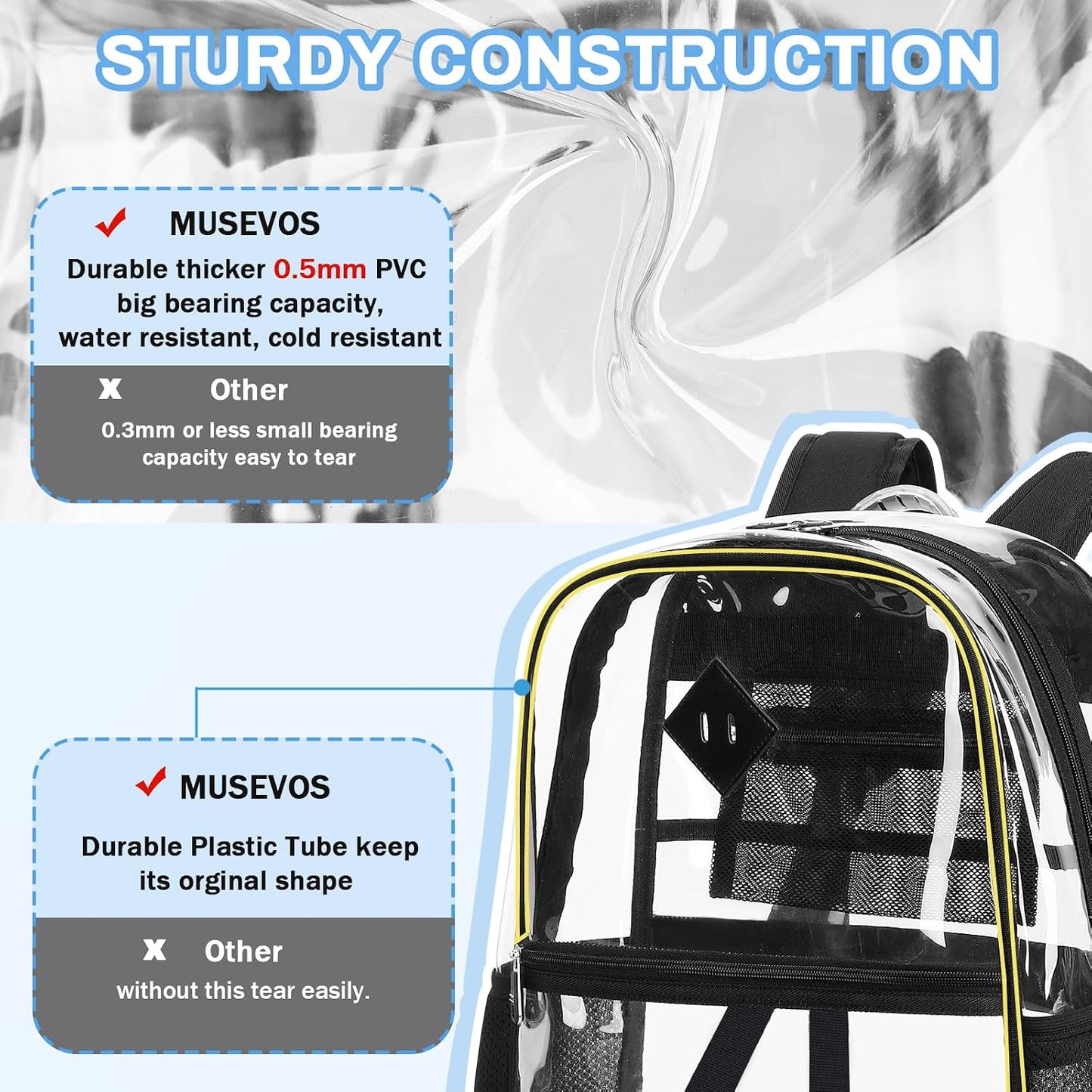 MUSEVOS Clear Backpack Stadium Approved, Heavy Duty See through Book Bag, Black Transparent
