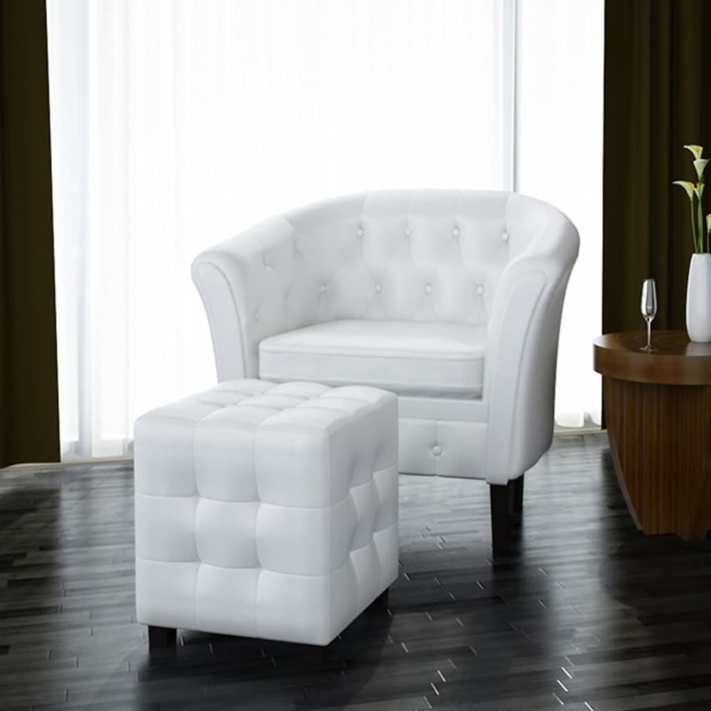 XL Tub Chair with Footstool White Faux Leather