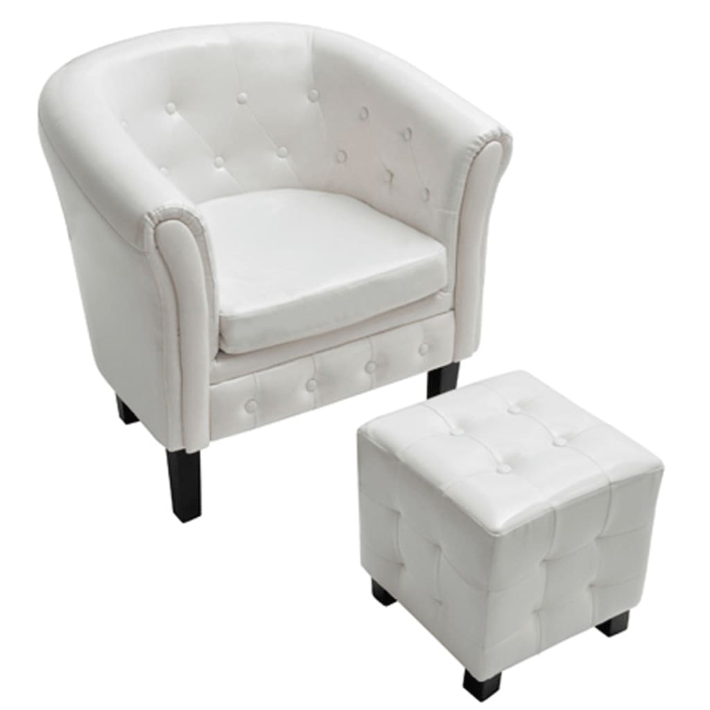 XL Tub Chair with Footstool White Faux Leather