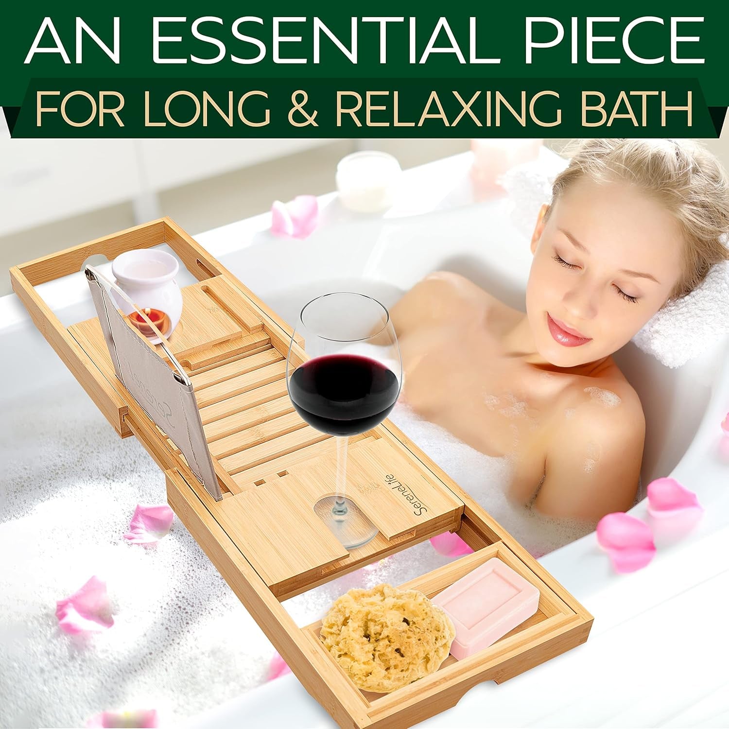 Serenelife Luxury Bamboo Bathtub Caddy Tray - Adjustable Natural Wood Bath Tub Organizer with Wine Holder, Cup Placement, Soap Dish, Book Space & Phone Slot for Spa, Bathroom & Shower - SLBCAD20