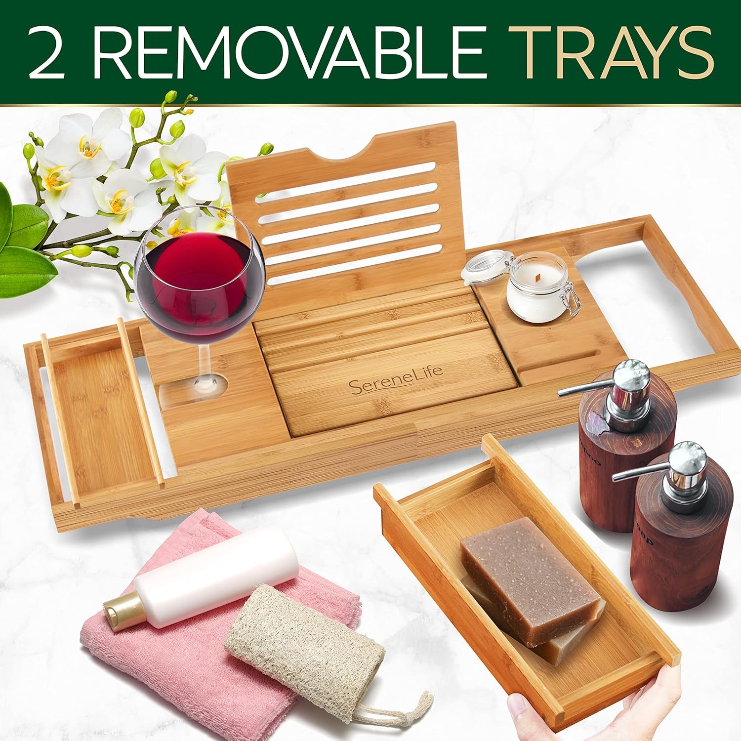 Serenelife Bath Caddy Breakfast Tray Combo - Natural Bamboo Wood Waterproof Tub and Bed with Folding Slide-Out Arms, Device Grooves, Wine Glass Soap Holder