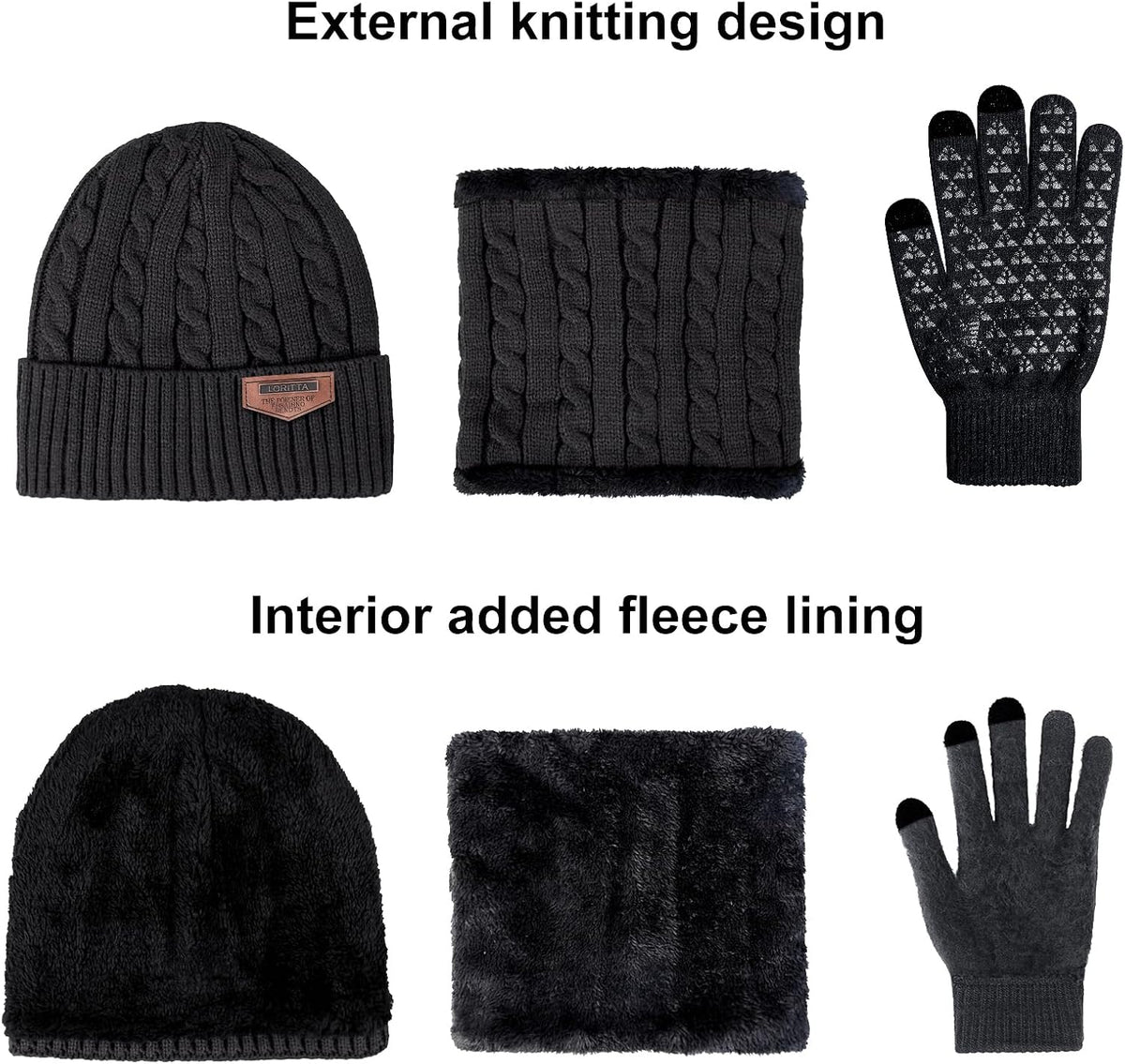 Loritta Winter Hats for Men, 3 PCS Fleece Beanie Scarf Gloves Set