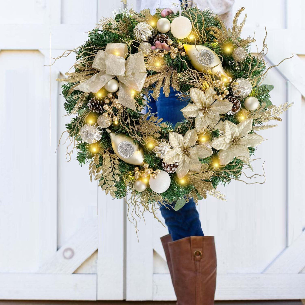 WANNA-CUL Pre-Lit 24 Inch Champagne Gold Christmas Wreath for Front Door