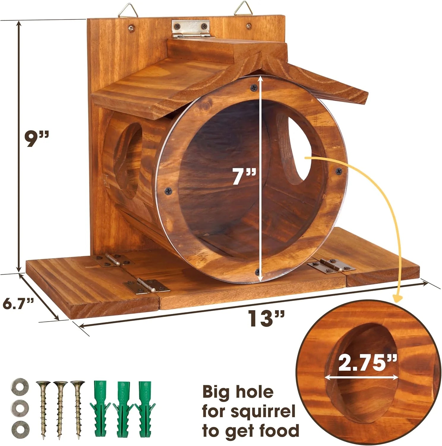 VASGOR Wood Squirrel Feeder, Squirrel Feeders for outside Winter, Wooden Chipmunk Feeder for Corn, Peanuts, Durable Box Easy to Fill with the Roof Can Be Opened