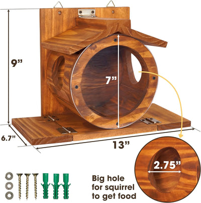 VASGOR Wood Squirrel Feeder, Squirrel Feeders for outside Winter, Wooden Chipmunk Feeder for Corn, Peanuts, Durable Box Easy to Fill with the Roof Can Be Opened