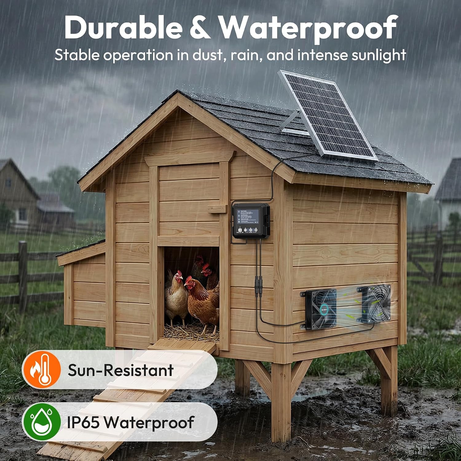 Solar Fan for Chicken Coop with 7500Mah Battery, 25W Solar Powered Fan | Ventilation Kit, Smart 3 Modes with Motion Sensor, IP65 Waterproof Solar Exhaust Fan for Greenhouse | Dog House | Workshop