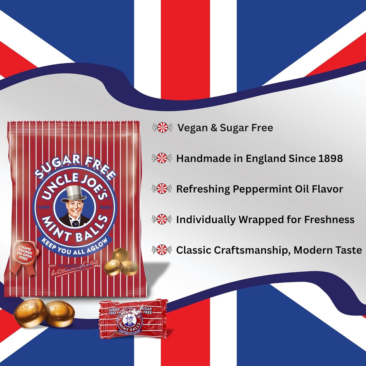 Uncle Joe’S Sugar Free Mint Balls 60G (2.1 Oz) | Handmade Vegan British Candy | Real Peppermint Oil Mints Individually Wrapped Hard Candy | English Breath Mints Gift & after Dinner Treat from UK
